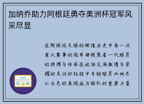 加纳乔助力阿根廷勇夺美洲杯冠军风采尽显 加纳乔助力阿根廷勇夺美洲杯冠军风采尽显
