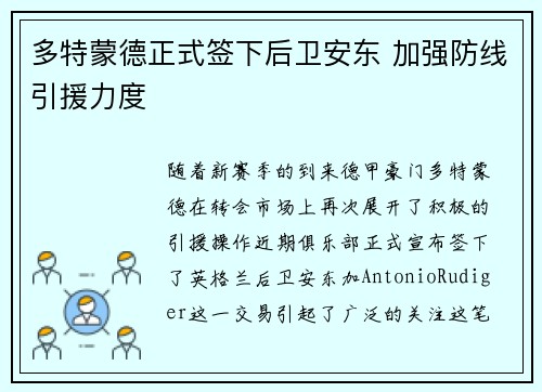 多特蒙德正式签下后卫安东 加强防线引援力度 多特蒙德正式签下后卫安东 加强防线引援力度